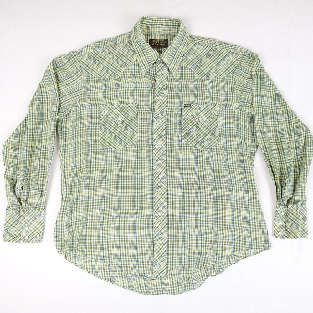 Vintage BAR-M RANCHER Western Pearl Snap Plaid Shirt Men's XL Collared Sawtooth